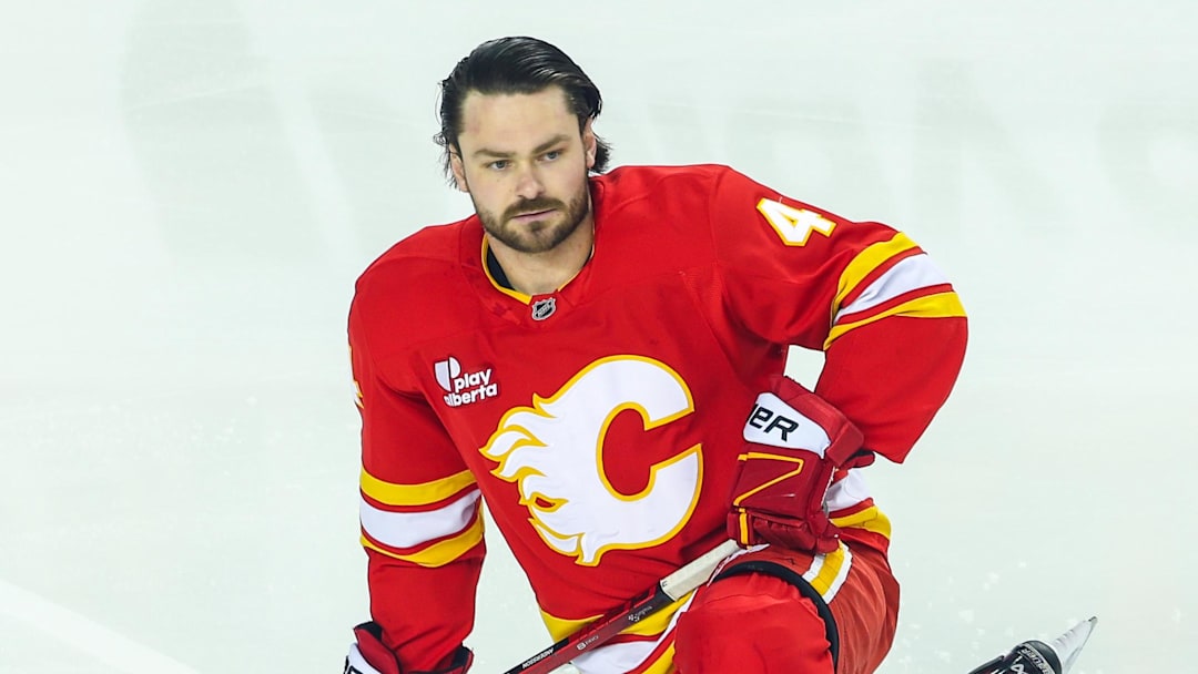 Jan 17, 2026; Calgary, Alberta, CAN; Calgary Flames defenseman Rasmus Andersson (4) during the warmup period against the New York Islanders at Scotiabank Saddledome. Mandatory Credit: Sergei Belski-Imagn Images
