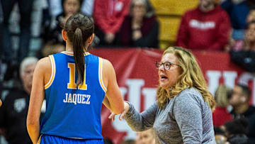 UCLA Head Coach Cori Close talks with Gabriela Jaquez (11) during the Indiana versus UCLA women's game at Simon Skjodt Assembly Hall on Saturday, Jan. 4, 2025.