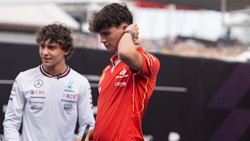 Oliver Bearman and Kimi Antonelli hang out in the Paddock at the Formula 1 Pirelli United States Grand Prix at Circuit of the Americas on Saturday, Oct. 19, 2024.