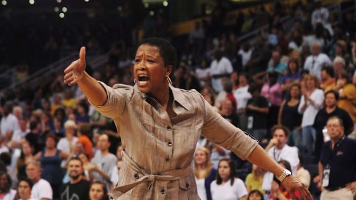 June 4, 2010; Phoenix, AZ, USA; Los Angeles Sparks head coach Jennifer Gillom reacts from the sideline while playing the Phoenix Mercury during the second half at US Airways Center.  The Mercury defeated the Sparks 90-89.  Mandatory Credit: Jennifer Stewart-Imagn Images