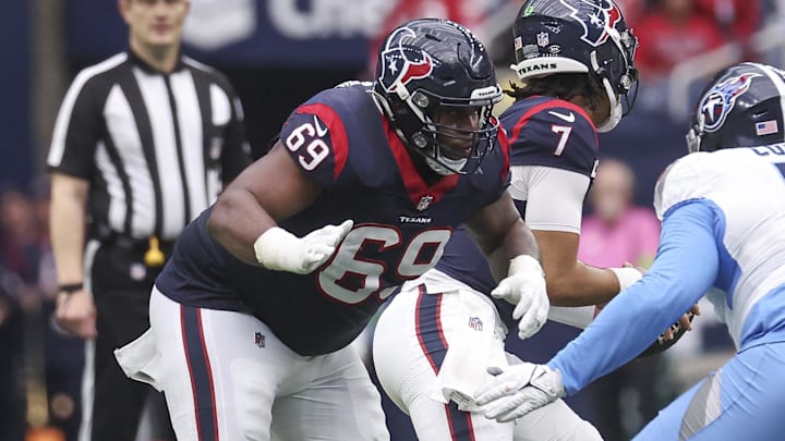 Dec 31, 2023; Houston, Texas, USA; Houston Texans guard Shaq Mason (69) in action during the game against the Tennessee Titans at NRG Stadium. Mandatory Credit: Troy Taormina-Imagn Images Dec 31, 2023; Houston, Texas, USA; Houston Texans guard Shaq Mason (69) in action during the game against the Tennessee Titans at NRG Stadium. Mandatory Credit: Troy Taormina-Imagn Images