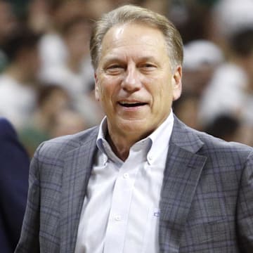 Dec 6, 2016; East Lansing, MI, USA; Michigan State Spartans head coach Tom Izzo smiles at a referee during the second half against the Youngstown State Penguins at Jack Breslin Student Events Center. Spartans win 77-57. Mandatory Credit: Raj Mehta-Imagn Images