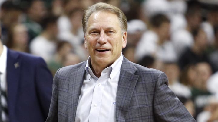 Dec 6, 2016; East Lansing, MI, USA; Michigan State Spartans head coach Tom Izzo smiles at a referee during the second half against the Youngstown State Penguins at Jack Breslin Student Events Center. Spartans win 77-57. Mandatory Credit: Raj Mehta-Imagn Images