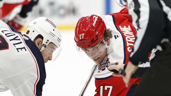 Dec 7, 2025; Washington, District of Columbia, USA; Columbus Blue Jackets center Charlie Coyle (3) and Washington Capitals center Dylan Strome (17) prepare to take a face-off from linesman Libor Suchanek (60) during the third period at Capital One Arena. Mandatory Credit: Geoff Burke-Imagn Images