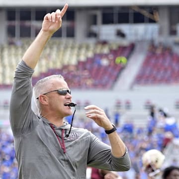 Sep 14, 2024; Tallahassee, Florida, USA; Florida State Seminoles head coach Mike Norvell before a game against the Memphis Tigers at Doak S. Campbell Stadium. Mandatory Credit: Melina Myers-Imagn Images