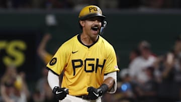 Jul 19, 2024; Pittsburgh, Pennsylvania, USA;  Pittsburgh Pirates second baseman Nick Gonzales (39) reacts after hitting a game winning walk off single to defeat the Philadelphia Phillies during the ninth inning at PNC Park. Pittsburgh won 8-7.Mandatory Credit: Charles LeClaire-Imagn Images