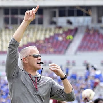 Sep 14, 2024; Tallahassee, Florida, USA; Florida State Seminoles head coach Mike Norvell before a game against the Memphis Tigers at Doak S. Campbell Stadium. Mandatory Credit: Melina Myers-Imagn Images