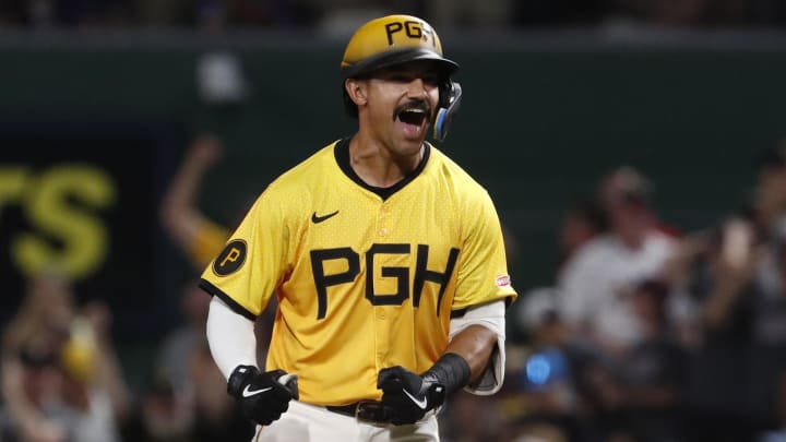 Jul 19, 2024; Pittsburgh, Pennsylvania, USA;  Pittsburgh Pirates second baseman Nick Gonzales (39) reacts after hitting a game winning walk off single to defeat the Philadelphia Phillies during the ninth inning at PNC Park. Pittsburgh won 8-7.Mandatory Credit: Charles LeClaire-USA TODAY Sports