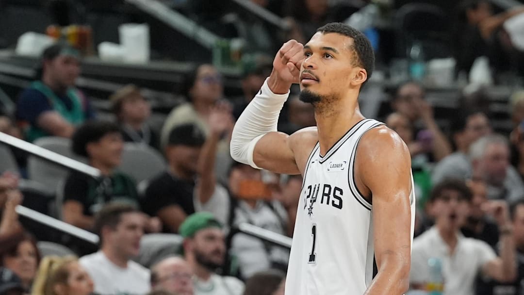 Mar 10, 2026; San Antonio, Texas, USA; San Antonio Spurs forward Victor Wembanyama (1) walks off the court in the second half against the Boston Celtics at Frost Bank Center.