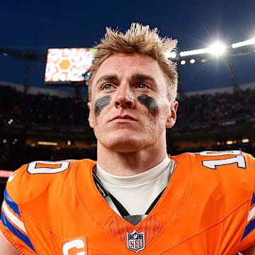 Jan 5, 2025; Denver, Colorado, USA; Denver Broncos quarterback Bo Nix (10) after the game against the Kansas City Chiefs at Empower Field at Mile High. Mandatory Credit: Isaiah J. Downing-Imagn Images
