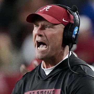Nov 30, 2024; Tuscaloosa, Alabama, USA;  Alabama Crimson Tide head coach Kalen DeBoer is upset with officials after a Tide player was called for a personal foul during the second half against the Autumn Tigers at Bryant-Denny Stadium. Alabama won 28-14. Mandatory Credit: Gary Cosby Jr.-Imagn Images
