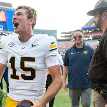 California Golden Bears quarterback Fernando Mendoza celebrates with fans after the game against Auburn. 