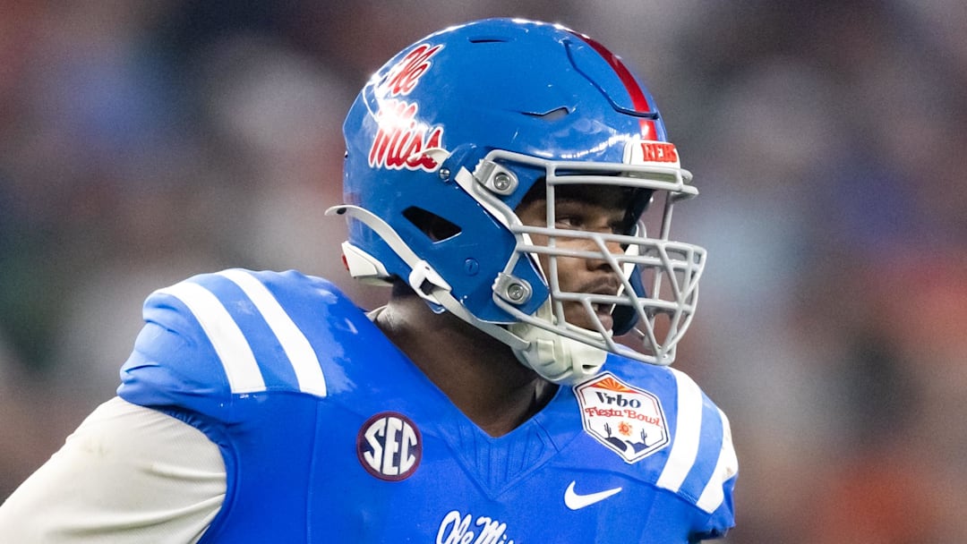 Jan 8, 2026; Glendale, AZ, USA; Mississippi Rebels defensive tackle Zxavian Harris (51) against the Miami Hurricanes during the 2026 Fiesta Bowl and semifinal game of the College Football Playoff at State Farm Stadium. Mandatory Credit: Mark J. Rebilas-Imagn Images