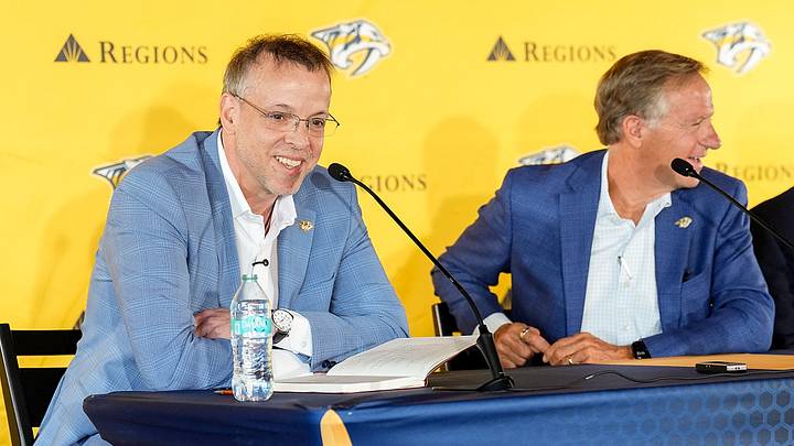 NASHVILLE, TENNESSEE - JUNE 3: Nashville Predators new general manager Chris MacFarland talks to the media during a press conference at Bridgestone Arena on June 3, 2026 in Nashville, Tennessee. (Photo by John Russell/NHLI via Getty Images)