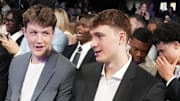 May 12, 2025; Chicago, Illinois, US; Duke players L-R Kon Knueppel and Cooper Flagg, during the 2025 NBA Draft Lottery at McCormick Place. Mandatory Credit: David Banks-Imagn Images
