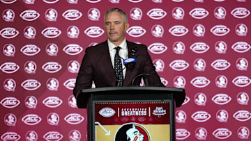 Jul 23, 2025; Charlotte, NC, USA; Florida State head coach Mike Norvell answers questions from the media during ACC Media days at Hilton Charlotte Uptown. Mandatory Credit: Jim Dedmon-Imagn Images