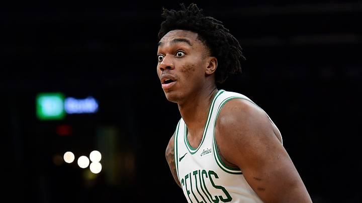 Jan 26, 2026; Boston, Massachusetts, USA; Boston Celtics forward Amari Williams (77) controls the ball during the second half against the Portland Trail Blazers at TD Garden. Mandatory Credit: Bob DeChiara-Imagn Images