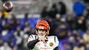 Nov 27, 2025; Baltimore, Maryland, USA;  Cincinnati Bengals quarterback Joe Burrow (9) throws on the run during the second half ]against the Baltimore Ravens at M&T Bank Stadium. Mandatory Credit: Tommy Gilligan-Imagn Images