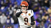 Nov 27, 2025; Baltimore, Maryland, USA;  Cincinnati Bengals quarterback Joe Burrow (9) throws on the run during the second half ]against the Baltimore Ravens at M&T Bank Stadium. Mandatory Credit: Tommy Gilligan-Imagn Images