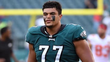Oct 3, 2021; Philadelphia, Pennsylvania, USA; Philadelphia Eagles offensive tackle Andre Dillard (77) walks off the field after loss against the Kansas City Chiefs at Lincoln Financial Field. Mandatory Credit: Eric Hartline-Imagn Images