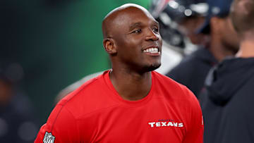 Oct 31, 2024; East Rutherford, New Jersey, USA; Houston Texans head coach DeMeco Ryans watches warm ups before a game against the New York Jets at MetLife Stadium. Mandatory Credit: Brad Penner-Imagn Images