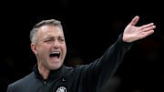 Toronto Raptors head coach Darko Rajakovic coaches against the Brooklyn Nets.