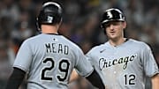 Chicago White Sox shortstop Colson Montgomery (12) celebrates with first baseman Curtis Mead (29) after hitting a two-run home run against the Detroit Tigers at Comerica Park. 