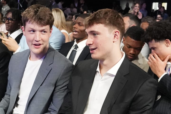 Duke players L-R Kon Knueppel and Cooper Flagg, during the 2025 NBA Draft Lottery.