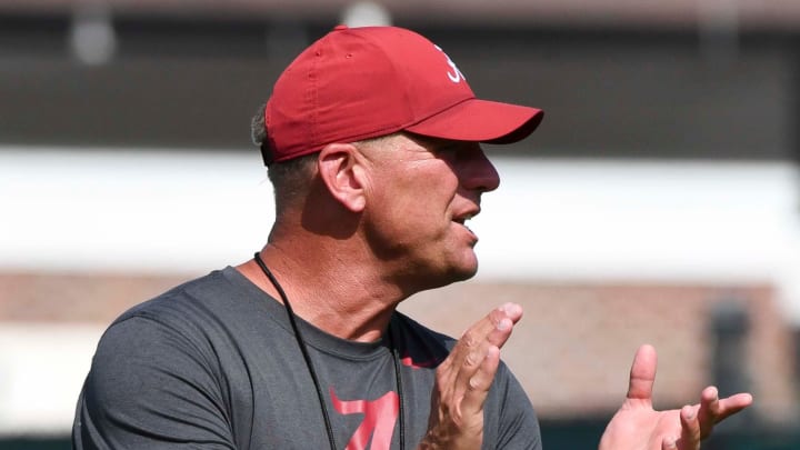 The Crimson Tide football team continued practice Thursday, Aug. 1, 2024, as they prepare for the season opener and the first game under new head coach Kalen DeBoer. DeBoer applauds the effort of one of his defensive backs.