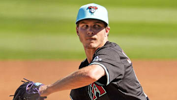 Arizona Diamondbacks pitcher Drey Jameson throws to the Milwaukee Brewers in the third inning of a spring training game on Feb. 26, 2025, in Scottsdale at Salt River Fields at Talking Stick.