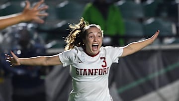 Dec 1, 2023; Cary, NC, USA; Stanford forward Allie Montoya (3) celebrates after scoring a goal in the first half at WakeMed Soccer Park. Mandatory Credit: Bob Donnan-Imagn Images