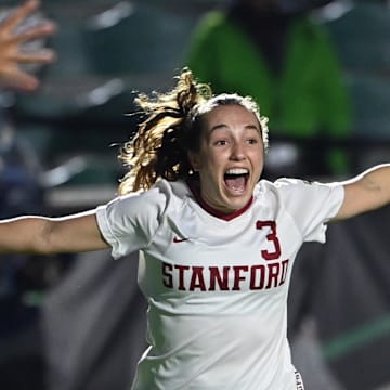 Dec 1, 2023; Cary, NC, USA; Stanford forward Allie Montoya (3) celebrates after scoring a goal in the first half at WakeMed Soccer Park. Mandatory Credit: Bob Donnan-Imagn Images