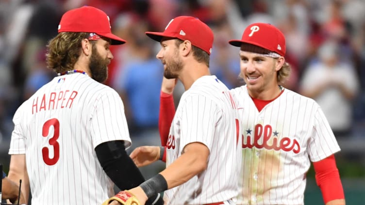 Bryce Harper, Trea Turner, and Bryson Stott of the Philadelphia Phillies