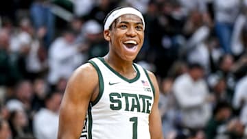 Michigan State's Jeremy Fears Jr. celebrates after a play against Arkansas during the first half on Saturday, Nov. 8, 2025, at the Breslin Center in East Lansing.