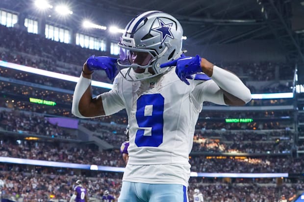 Dallas Cowboys wide receiver KaVontae Turpin reacts after scoring a touchdown against the Baltimore Ravens 