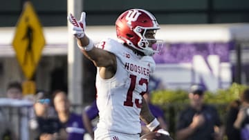 Oct 5, 2024; Evanston, Illinois, USA; Indiana Hoosiers wide receiver Elijah Sarratt gestures for a first down against the Northwestern Wildcats during the second half at Lanny and Sharon Martin Stadium.