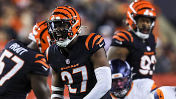 Dec 28, 2024; Cincinnati, Ohio, USA; Cincinnati Bengals safety Jordan Battle (27) reacts after a play against the Denver Broncos in the second half at Paycor Stadium. Mandatory Credit: Katie Stratman-Imagn Images