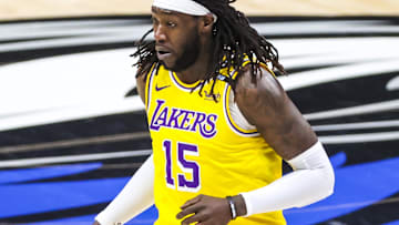 Apr 22, 2021; Dallas, Texas, USA; Los Angeles Lakers center Montrezl Harrell (15) in action during the game against the Dallas Mavericks at American Airlines Center. Mandatory Credit: Kevin Jairaj-Imagn Images