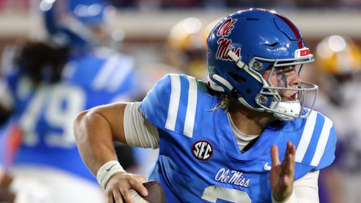 Sep 30, 2023; Oxford, Mississippi, USA; Mississippi Rebels quarterback Jaxson Dart (2) during the second half  against the LSU Tigers at Vaught-Hemingway Stadium. Mandatory Credit: Petre Thomas-USA TODAY Sports