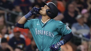 Sep 24, 2024; Houston, Texas, USA; Seattle Mariners second baseman Jorge Polanco (7) reacts to his home run against the Houston Astros in the second inning at Minute Maid Park. Mandatory Credit: Thomas Shea-Imagn Images