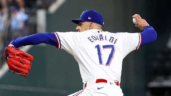 Jul 2, 2024; Arlington, Texas, USA;  Texas Rangers starting pitcher Nathan Eovaldi (17) throws during the seventh inning against the San Diego Padres at Globe Life Field