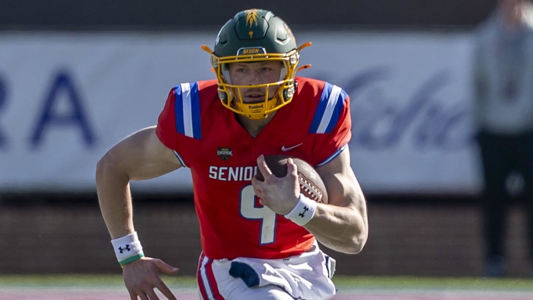 National quarterback Cole Payton (9) of North Dakota State runs the ball during the first half of the 2026 Senior Bowl 