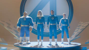 (L-R): Ebon Moss-Bachrach as Ben Grimm/The Thing, Vanessa Kirby as Sue Storm/Invisible Woman, Pedro Pascal as Reed Richards/Mister Fantastic and Joseph Quinn as Johnny Storm/Human Torch in 20th Century Studios/Marvel Studios' FANTASTIC FOUR: FIRST STEPS. Photo courtesy of 20th Century Studios/Marvel Studios. © 2025 20th Century Studios / © and ™ 2025 MARVEL.