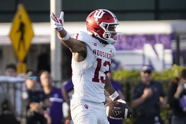 Indiana Hoosiers wide receiver Elijah Sarratt (13) gestures for a first down.