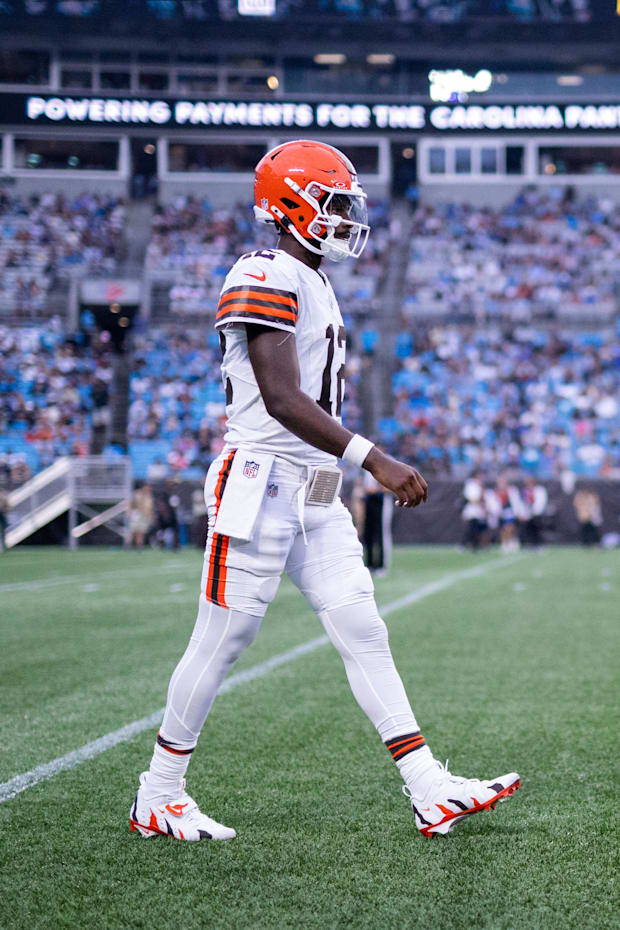 Aug 8, 2025; Charlotte, North Carolina, USA; Cleveland Browns quarterback Shedeur Sanders (12) gets ready to go in during the