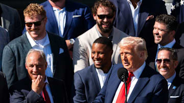 President Donald Trump welcomes players and staff of the Philadelphia Eagles to celebrate their Super Bowl victory at the White House Monday, April 28, 2025.