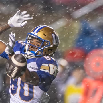 Jun 13, 2024; Ottawa, Ontario, CAN; Winnipeg Blue Bombers wide receiver Ontaria Wilson (80) is unable to hold onto the ball in the heavy rain at the end of the second half against the Ottawa REDBLACKS at TD Place. Mandatory Credit: Marc DesRosiers-USA TODAY Sports