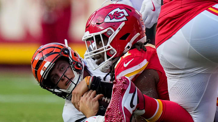 Cincinnati Bengals quarterback Joe Burrow (9) is sacked in the fourth quarter of the NFL Week 2 game between the Kansas City Chiefs and the Cincinnati Bengals at Arrowhead Stadium in Kansas City on Sunday, Sept. 15, 2024. The Chiefs took a 26-25 win with a go-ahead field goal as time expired.