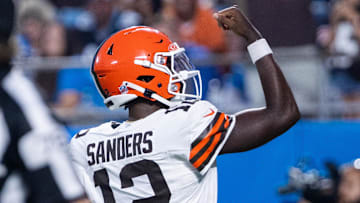 Aug 8, 2025; Charlotte, North Carolina, USA; Cleveland Browns quarterback Shedeur Sanders (12) celebrates after a touchdown in the second quarter against the Carolina Panthers at Bank of America Stadium. Mandatory Credit: Scott Kinser-The USAToday Network via Imagn Images 