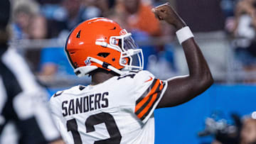 Aug 8, 2025; Charlotte, North Carolina, USA; Cleveland Browns quarterback Shedeur Sanders (12) celebrates after a touchdown in the second quarter against the Carolina Panthers at Bank of America Stadium. Mandatory Credit: Scott Kinser-The USAToday Network via Imagn Images 